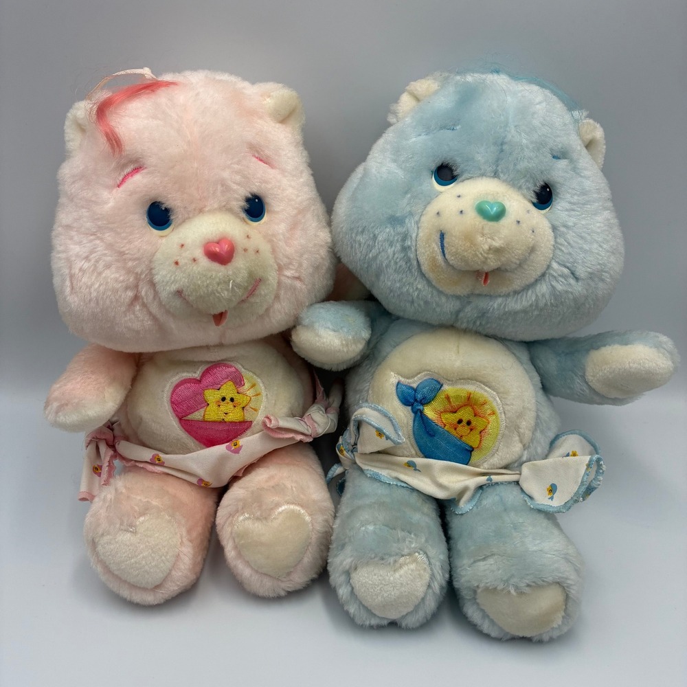 Vintage 1983 Kenner Care Bears Baby Hugs and Baby Tugs Plush Set Pink Blue